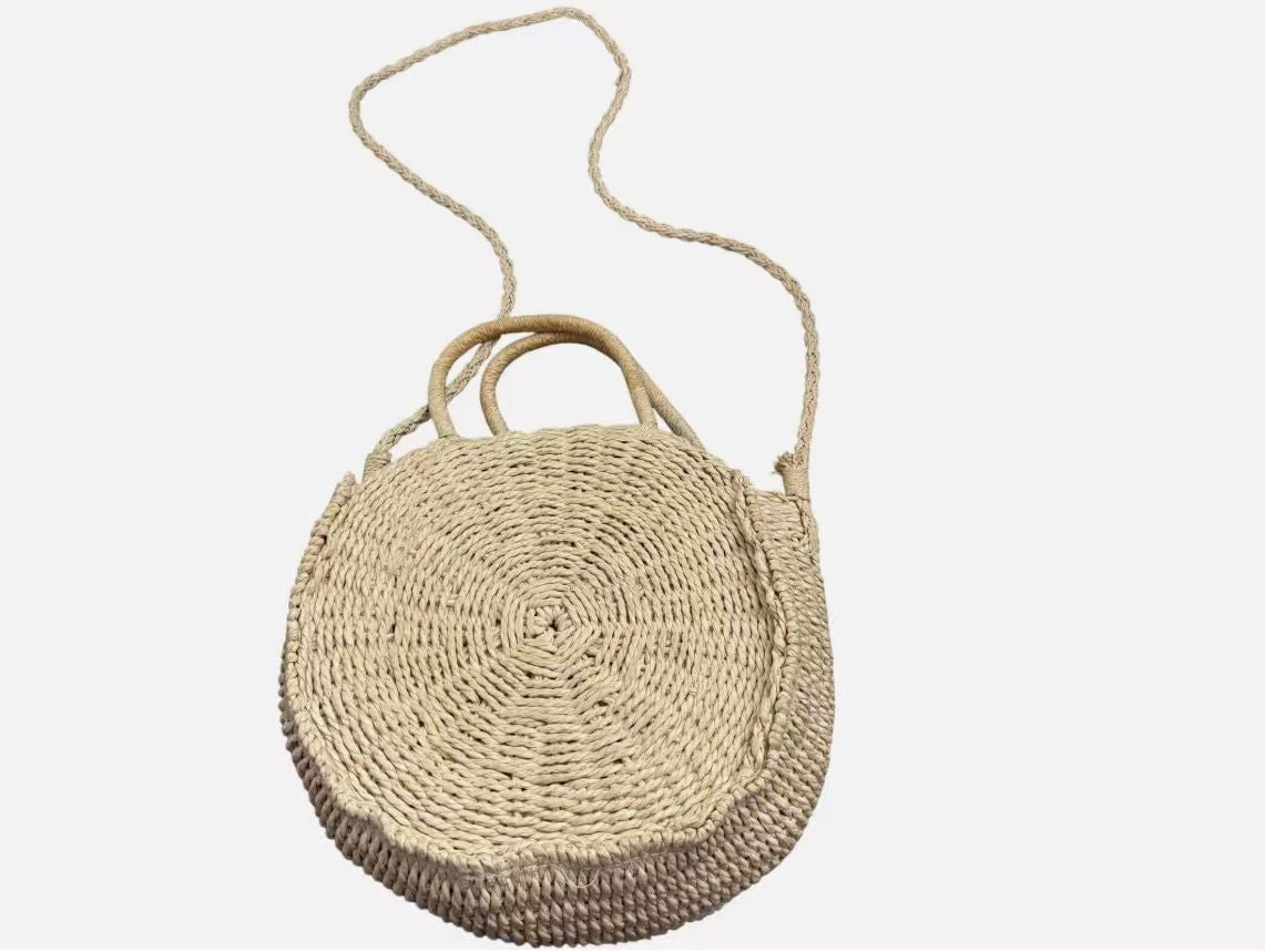 Natural Handwoven Raffia Circle Bag, Vintage Two-Tone Large Capacity Shoulder Bag