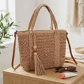 Chic Boho Raffia Woven Handbag with Leather Strap, Summer Vacation Beach Shoulder Bag