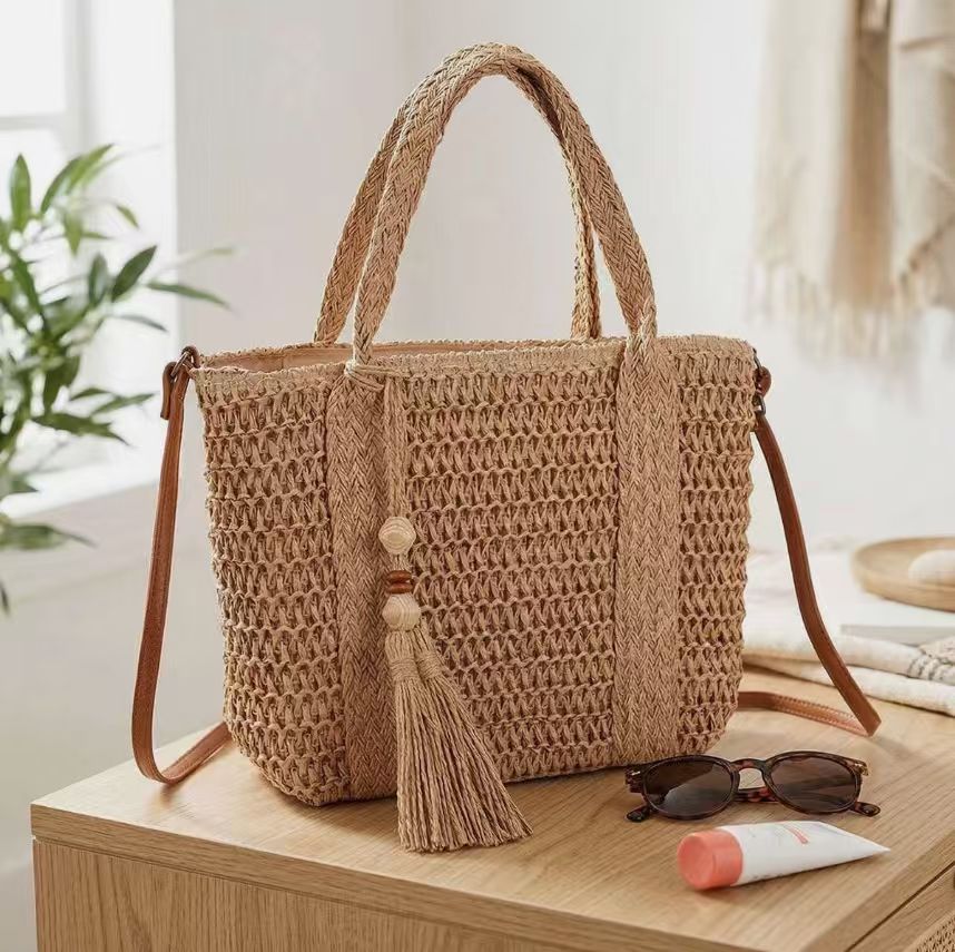 Chic Boho Raffia Woven Handbag with Leather Strap, Summer Vacation Beach Shoulder Bag