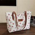 Cute Cherry Print Canvas Tote Bag, White Large Capacity Shoulder Bag with Brown Leather Straps
