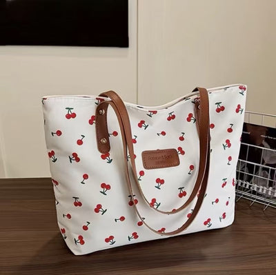 Cute Cherry Print Canvas Tote Bag, White Large Capacity Shoulder Bag with Brown Leather Straps